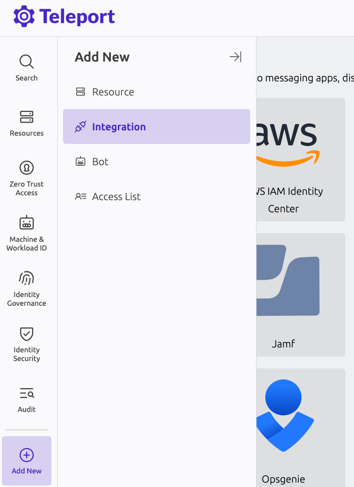 Integration selection screen